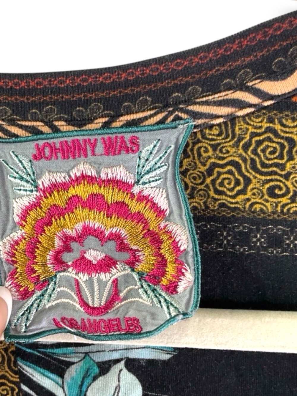 Johnny Was Black Floral V-Neck Blouse with Teal and Orange Accents - Picture 3 of 14
